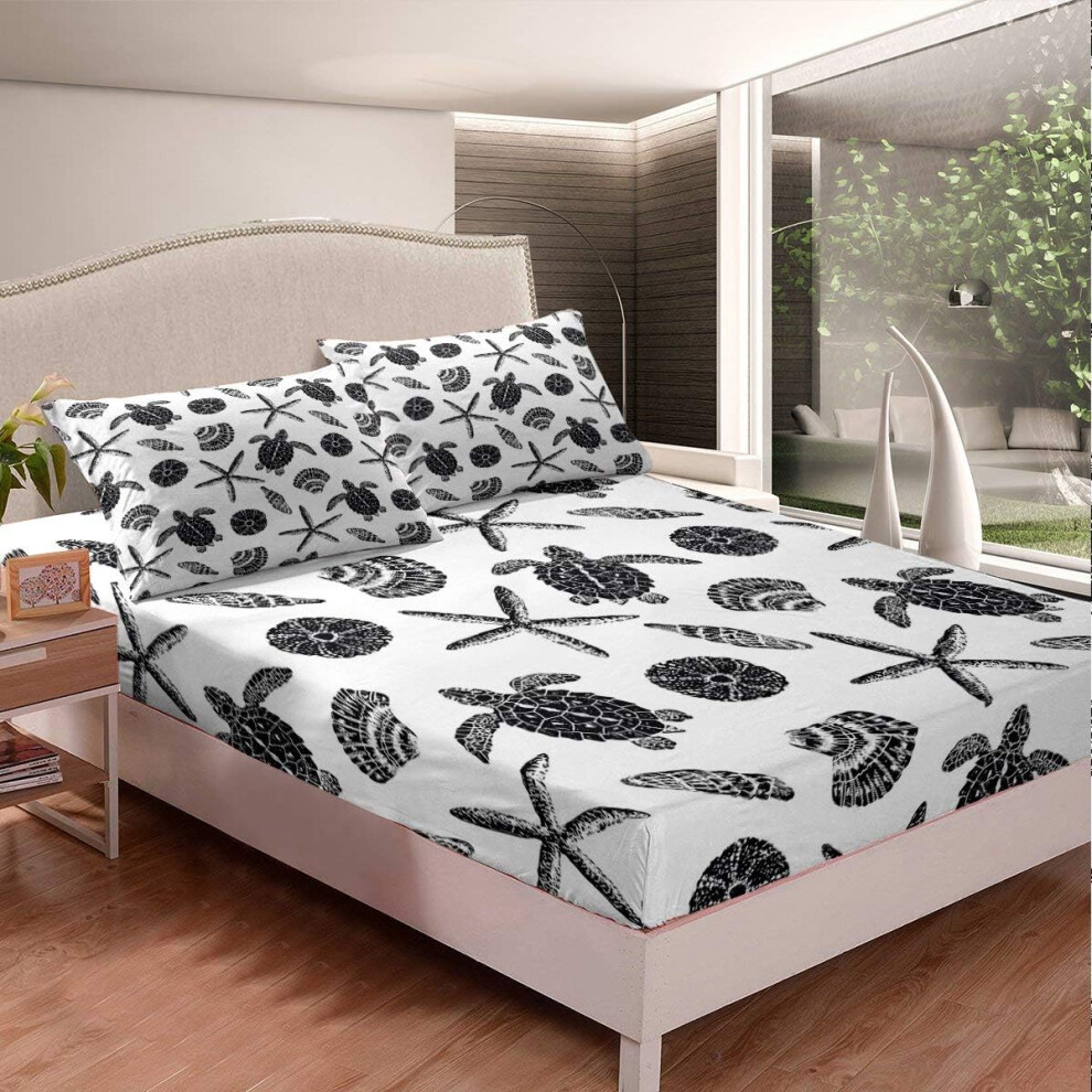 ((No Comforter)) Greneric Sea Turtle Fitted Sheet & Pillow Sham Set Hawaiian 3 Piece Bedding Decor Set Tortoise Reptile Fitted Bed Sheets Starfish Ocean Animal Underwa