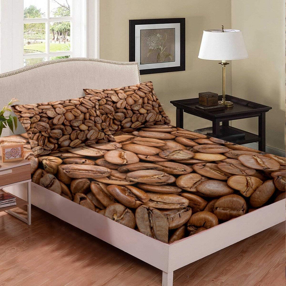 ((No Comforter)) Coffee Beans Bedding Decor Set Coffee Bedding Decor Set 3D Brown Print Fitted Sheet & Pillow Sham Set for Kids Boys Girls African Coffee Beans Fitted