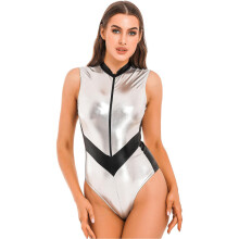 (Zilver B-M) Otwoo Dames Bodysuit met Ritssluiting aan de Voorkant, Jumpsuit met Kapmouw en Hoge Cut,
