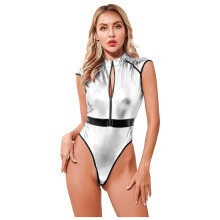 (Zilver A-M) Otwoo Dames Bodysuit met Ritssluiting aan de Voorkant, Jumpsuit met Kapmouw en Hoge Cut,