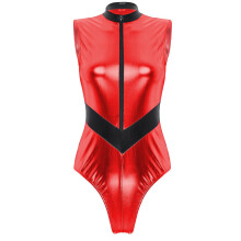 (Rood B-M) Otwoo Dames Bodysuit met Ritssluiting aan de Voorkant, Jumpsuit met Kapmouw en Hoge Cut,