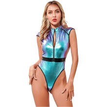 (Kleurrijk A-L) Otwoo Dames Bodysuit met Ritssluiting aan de Voorkant, Jumpsuit met Kapmouw en Hoge