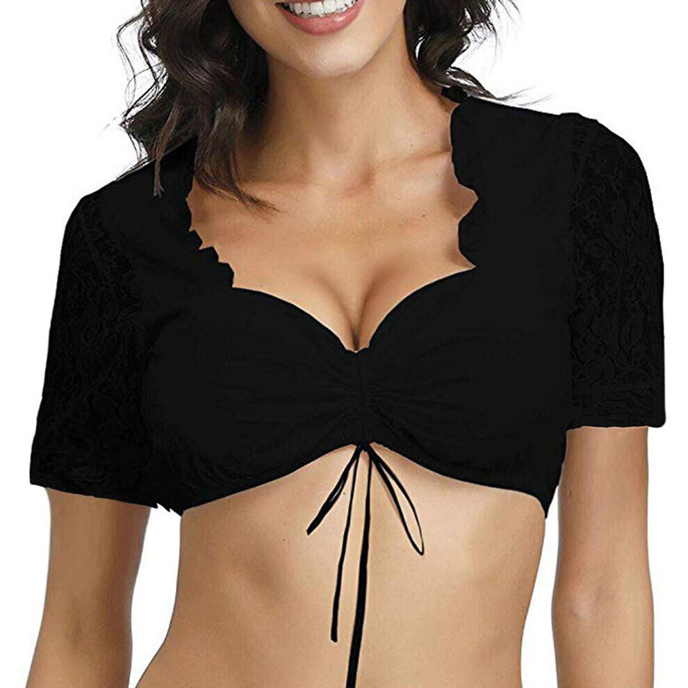 (Noir -S) Costumes d'Oktoberfest Femmes Manches 3/4 Chemisier Trachten Blanc Haut Court Cache-Coeur
