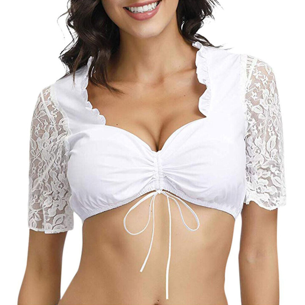 (Blanc - XXL) Costumes Oktoberfest Femmes Manches 3/4 Chemisier Trachten Blanc Haut Court Cache-Coeur