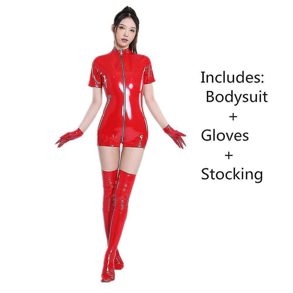 (Rouge-B -2XL-3XL) Combinaison sexy en similicuir PVC pour femme, fermeture éclair, entrejambe ouvert,