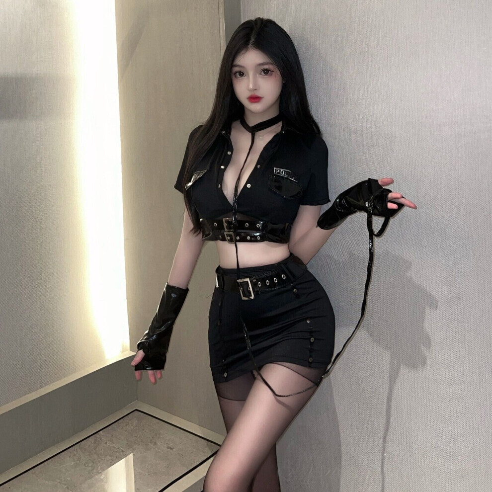 Costume de policière pour femme adulte, ensemble chemise bustier et mini-jupe avec accessoires - haut