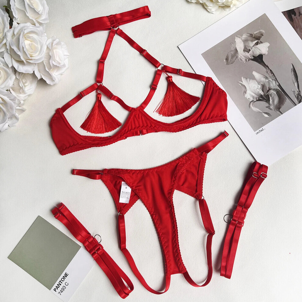 (Rouge -S) Ensemble de lingerie fétichiste à pompons sensuels avec soutien-gorge ouvert transparent