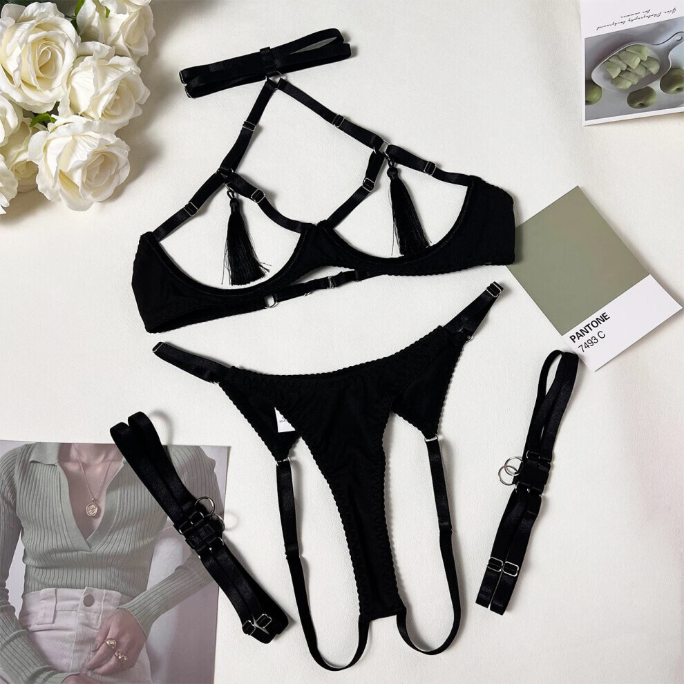 (Noir - L) Ensemble de lingerie fétichiste à pompons sensuels avec soutien-gorge ouvert transparent