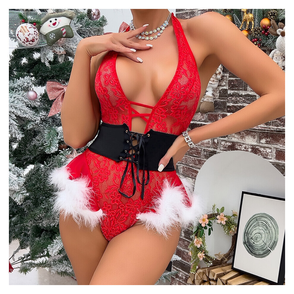 (L) Robe de Noël sexy Cosplay Lingerie Femme Body Sous-vêtements Halter Plume Body Vêtements de nuit