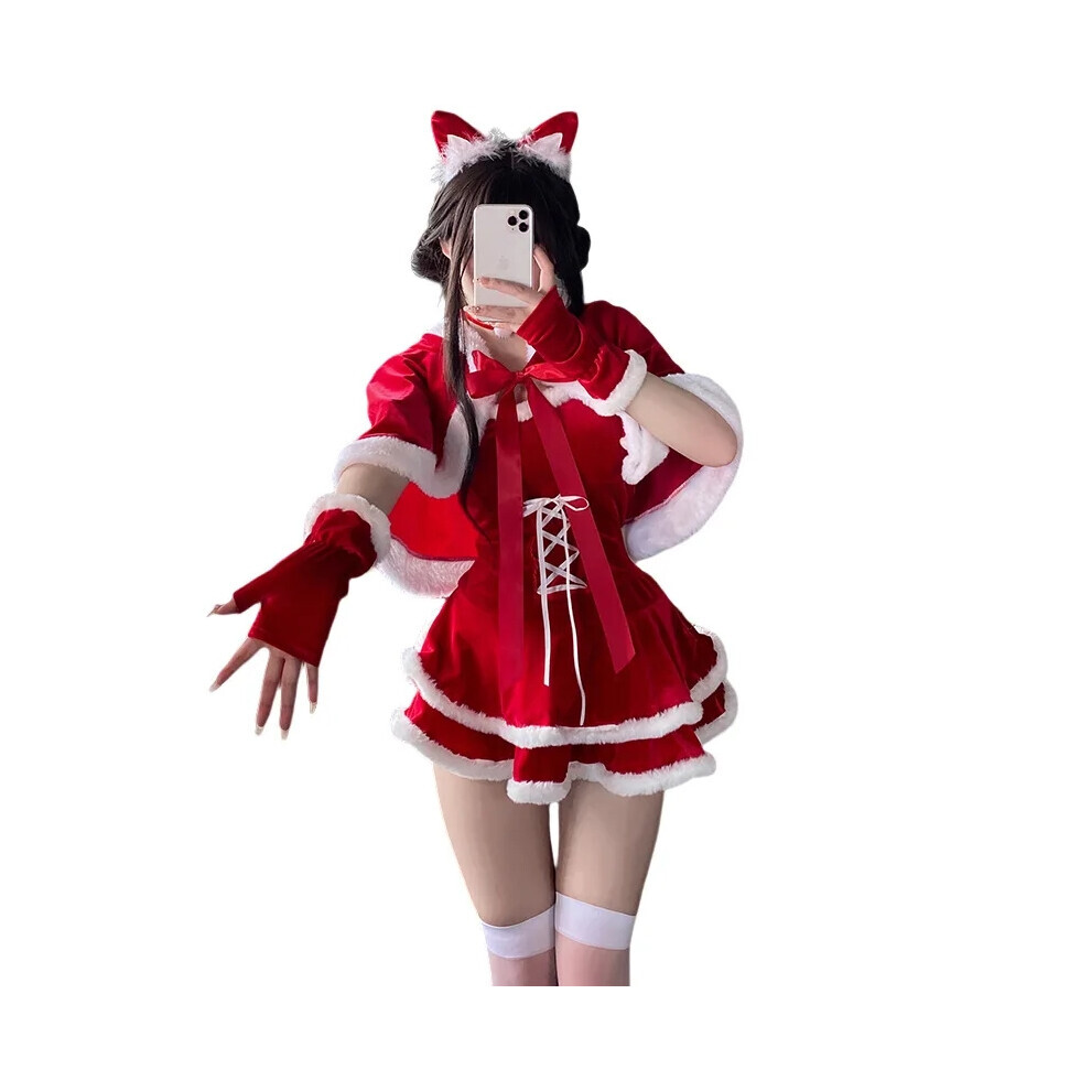 (M) Robe de Noël en velours pour femme, uniforme de fille lapin rouge, lingerie sexy, fête d'Halloween,