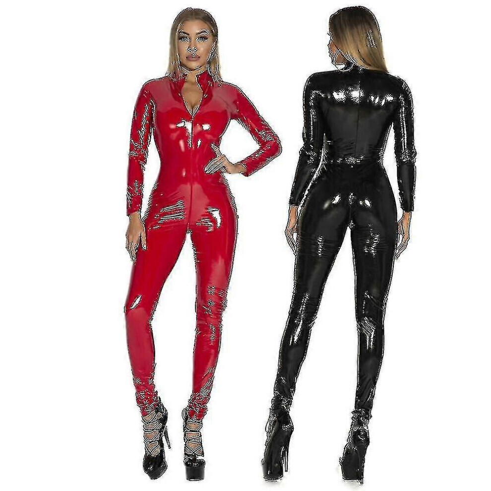 (XL - noir) Grande taille S-5xl femmes sexy latex catsuit noir complet body PVC combinaison clubwear