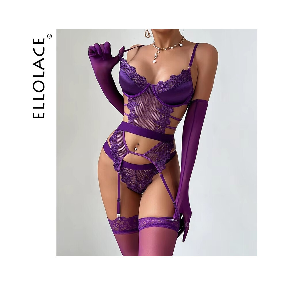 (M) Ellolace Lingerie Érotique Violette Tenues Sexy Complètes Sissy String Strings Dentelle Costume