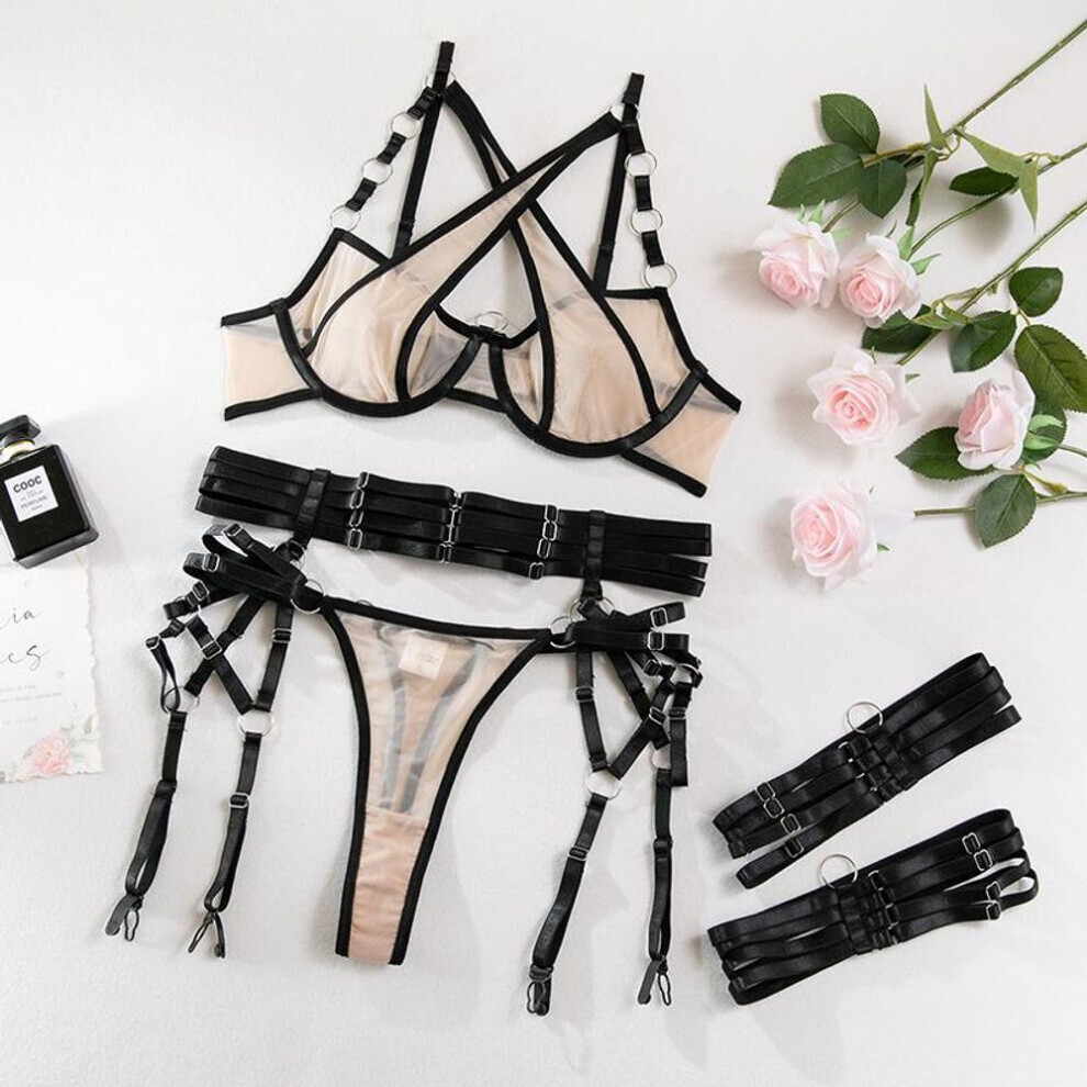(beige -M) Ensemble de sous-vêtements pour femmes Lingerie sexy pour femme Erotica Cross Transparent