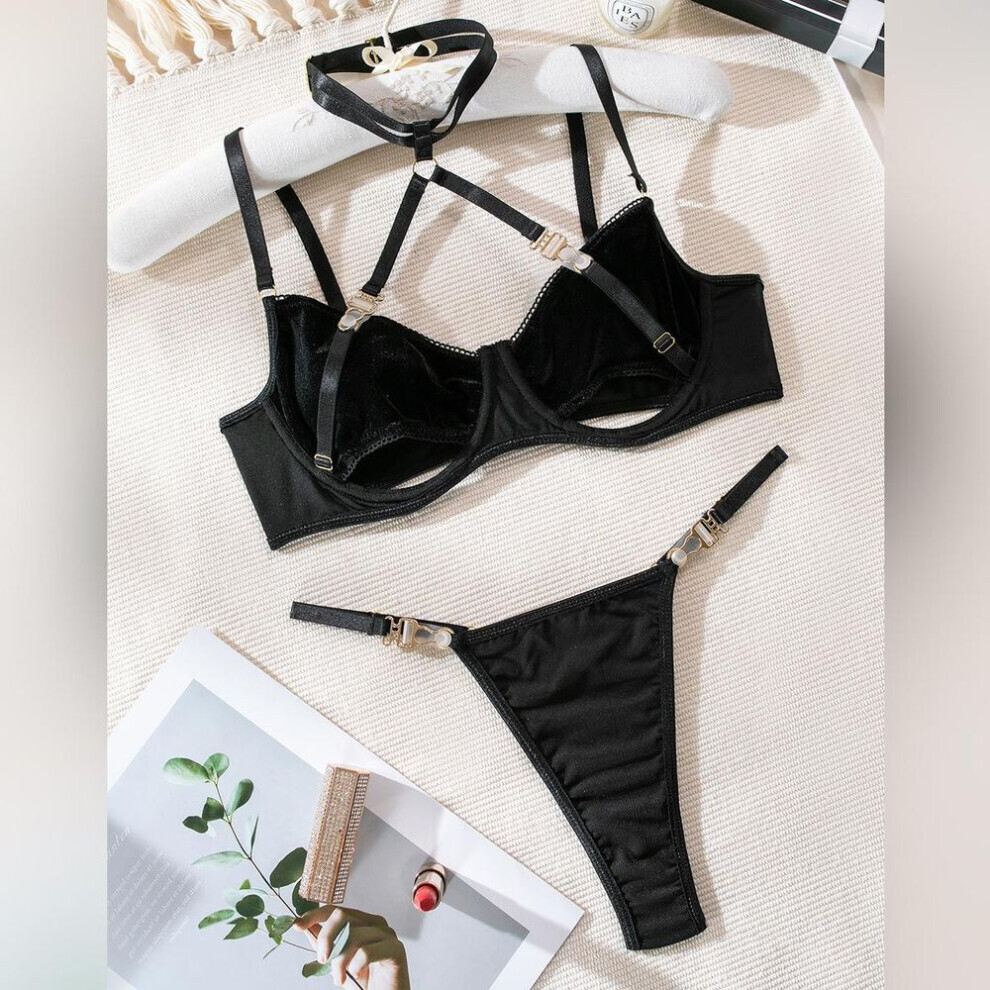 (noir -XL) Ensemble soutien-gorge dos nu découpé + culotte sous-vêtements ensemble de lingerie en velours