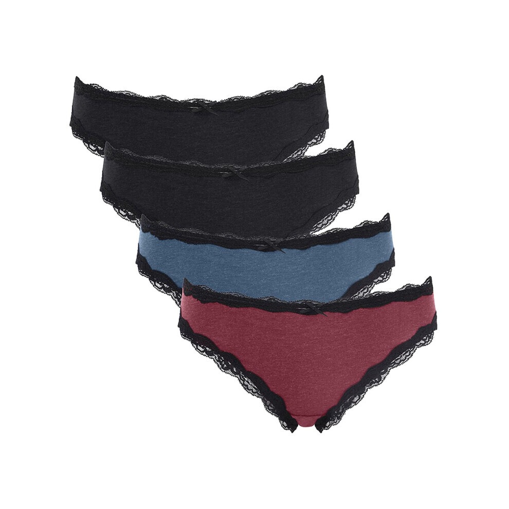 (Bla2-Blu-Red -L) Lot de 4 culottes sexy en coton et dentelle pour femme