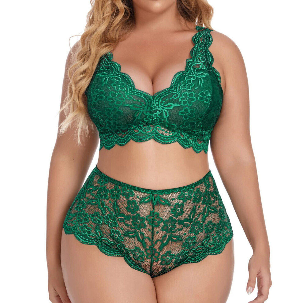 (Vert -M) pour femmes grande taille col en V taille haute dentelle florale soutien-gorge croisé et culotte