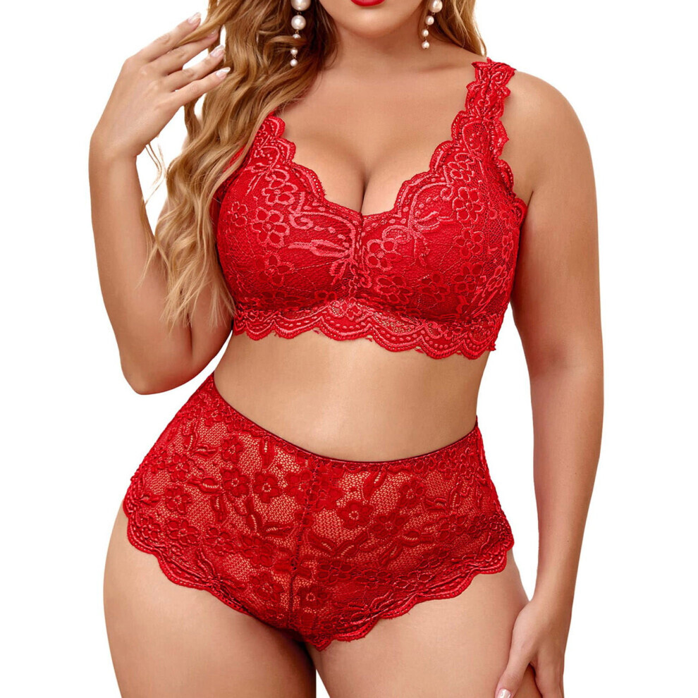 (Rouge - 3XL) pour femmes grande taille col en V taille haute dentelle florale soutien-gorge croisé