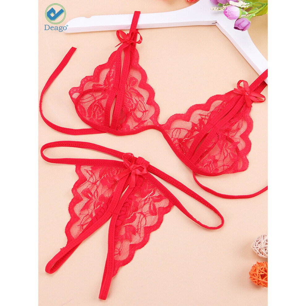 (Rouge -M) Ensemble de sous-vêtements de nuit sexy pour femmes, soutien-gorge, culotte, string, deux