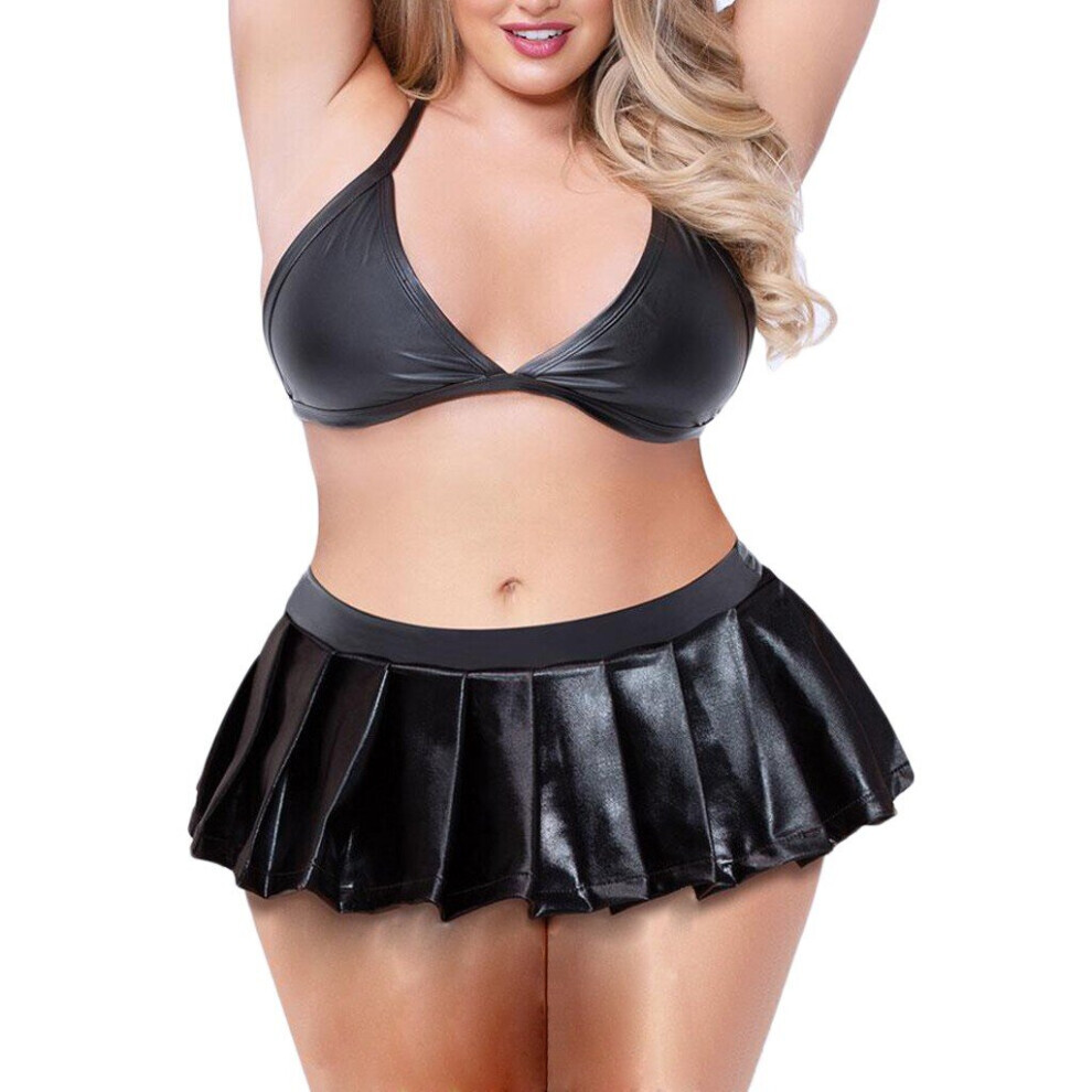 Ensemble de lingerie sexy en cuir pour femmes, col en V, grande taille, soutien-gorge, mini-jupe, costume