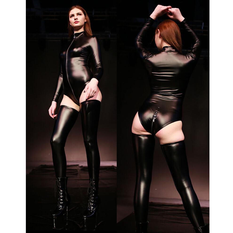 Body en latex PU grande taille à manches longues pour femme, collant de sport, fermeture éclair, entrejambe