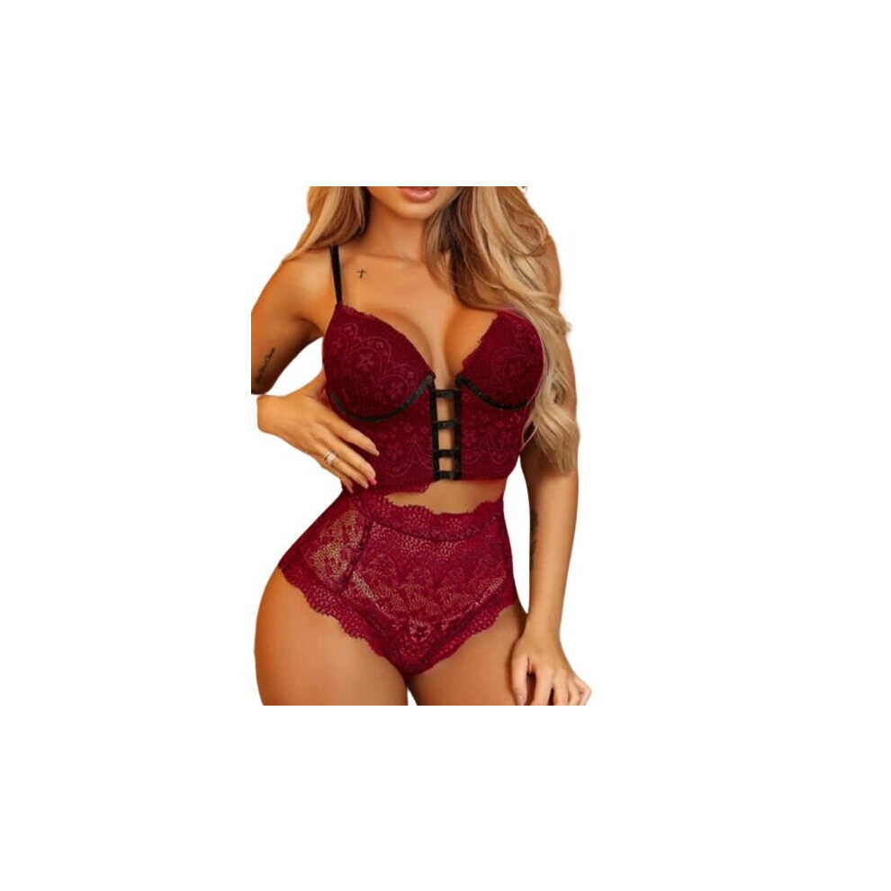 (3xl - rouge) Lingerie sexy pour femme, haut en dentelle de couleur pure, soutien-gorge, support, costume