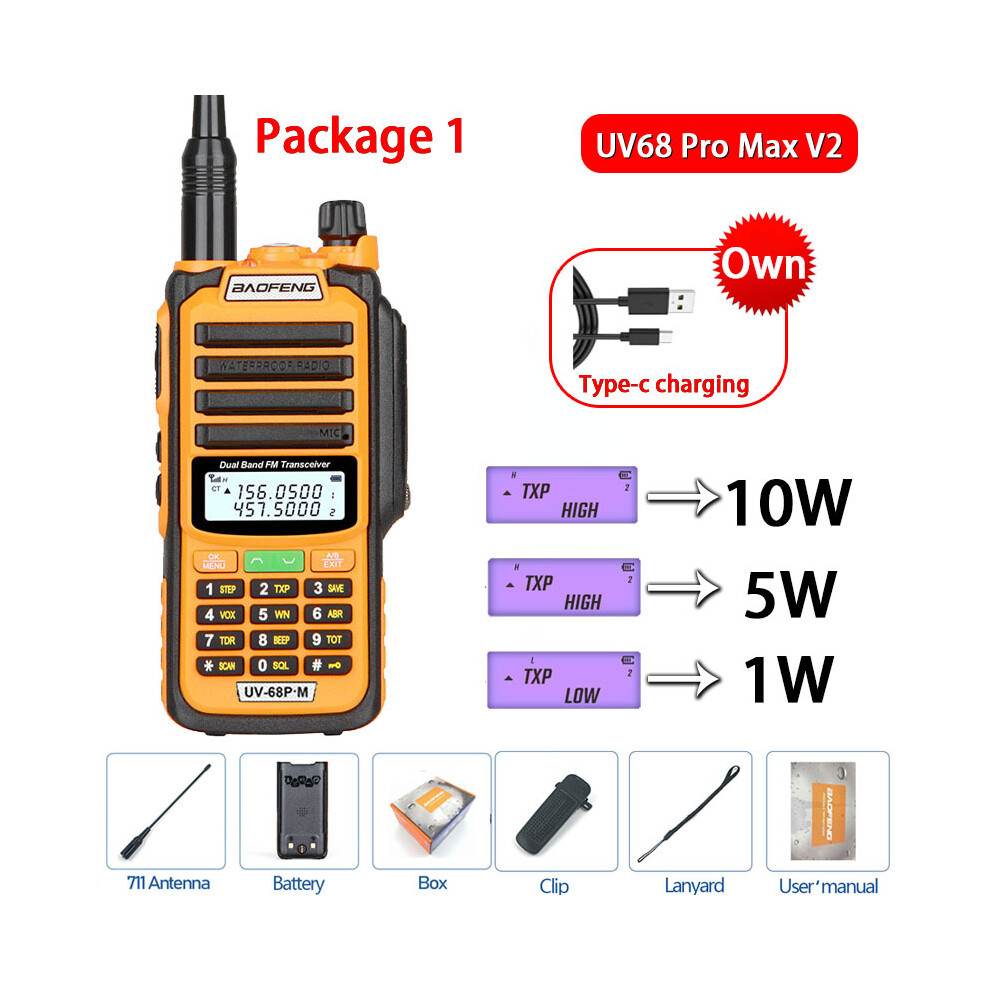 (Prise USB-V2 Orange 1) Talkie-walkie professionnel étanche UV68 Pro Max V2 Mise à jour 10 W Puissant
