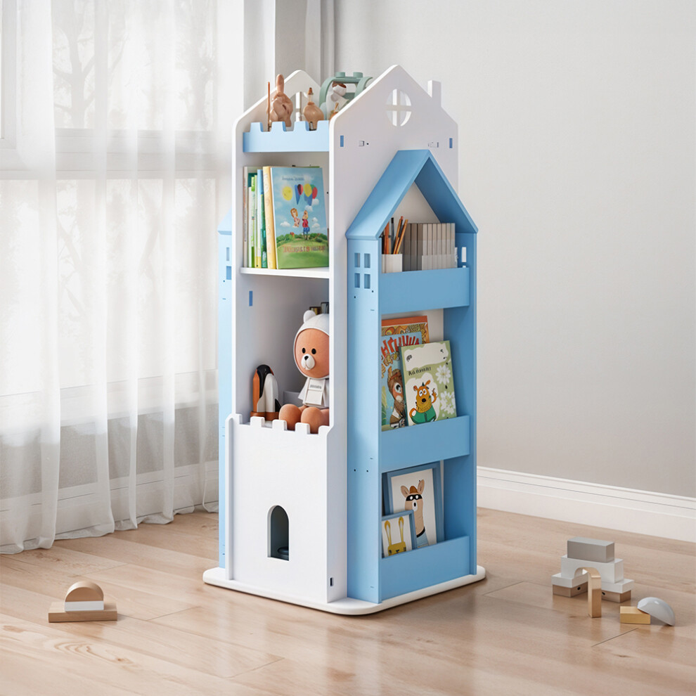 (White + Blue) 4-Tier Castle Kids Rotating Bookshelf