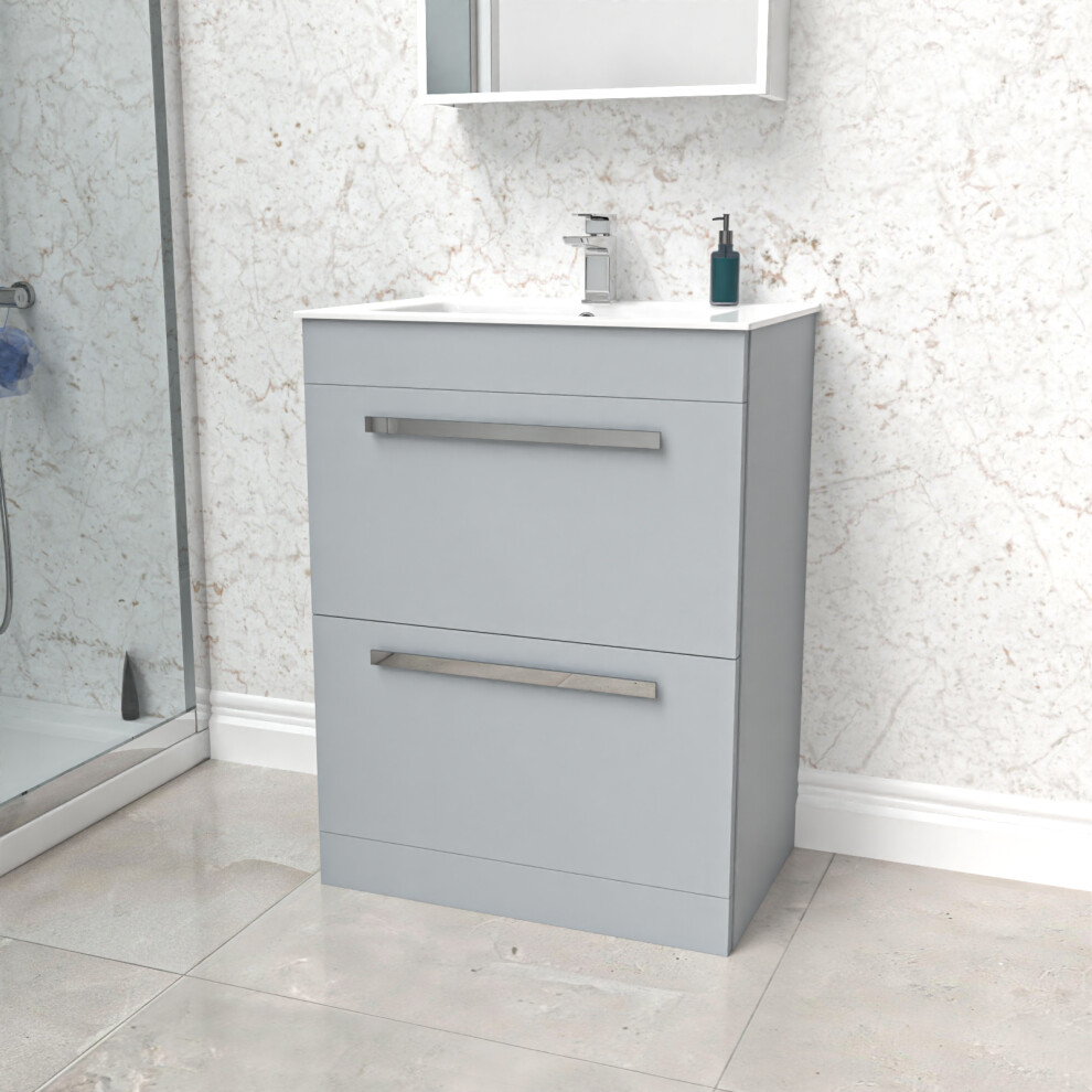 Nes Home Matte Grey 600mm Floorstanding 2 Drawer Vanity Slim Basin Unit
