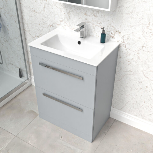 NES Home Nes Home Matte Grey 600mm Floorstanding 2 Drawer Vanity Slim Basin Unit 2