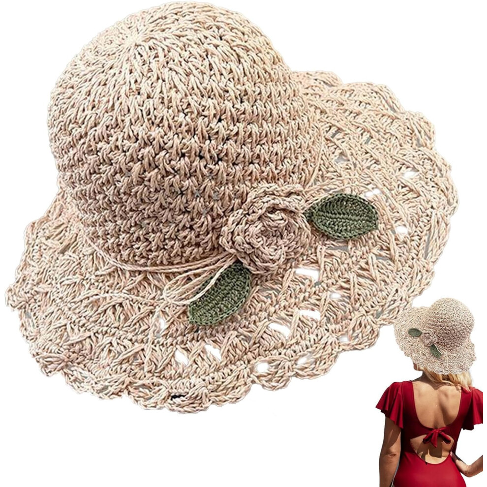 Crochet Sun Hats for Women, Flower Adjustable Straw Hats, Portable Straw Hats with Drawstring, Soft Sun Protection Hats for Summer Pink