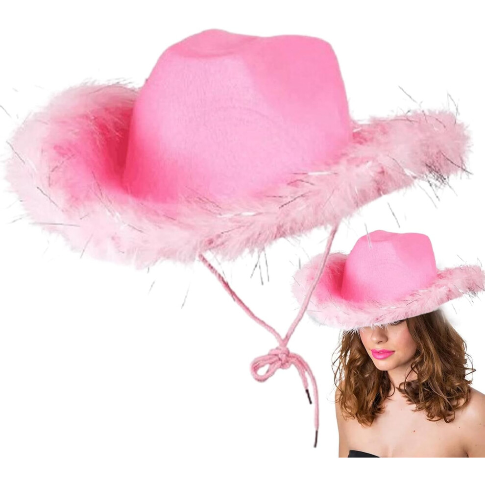 (Pink) Cowboy Cowgirl Hats, Sparkly Cowgirl Hat, Non-Woven Feather Trim Hat Ideal For Women's Music Festival, Beach, Cowboy Themed Events, Birthdays