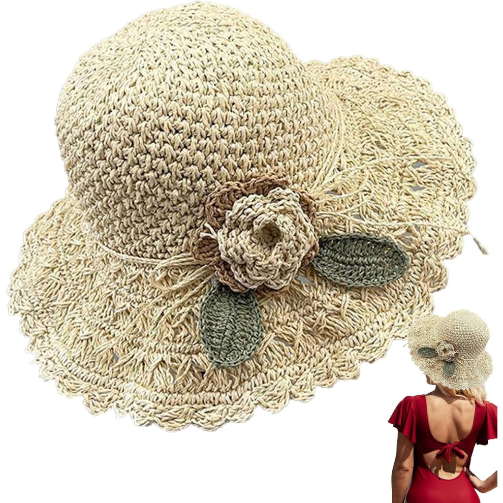 Summer Straw Hat | Flower Adjustable Straw Hats | Portable Straw Hats with Drawstring, Soft Sun Protection Hats for Summer Beige