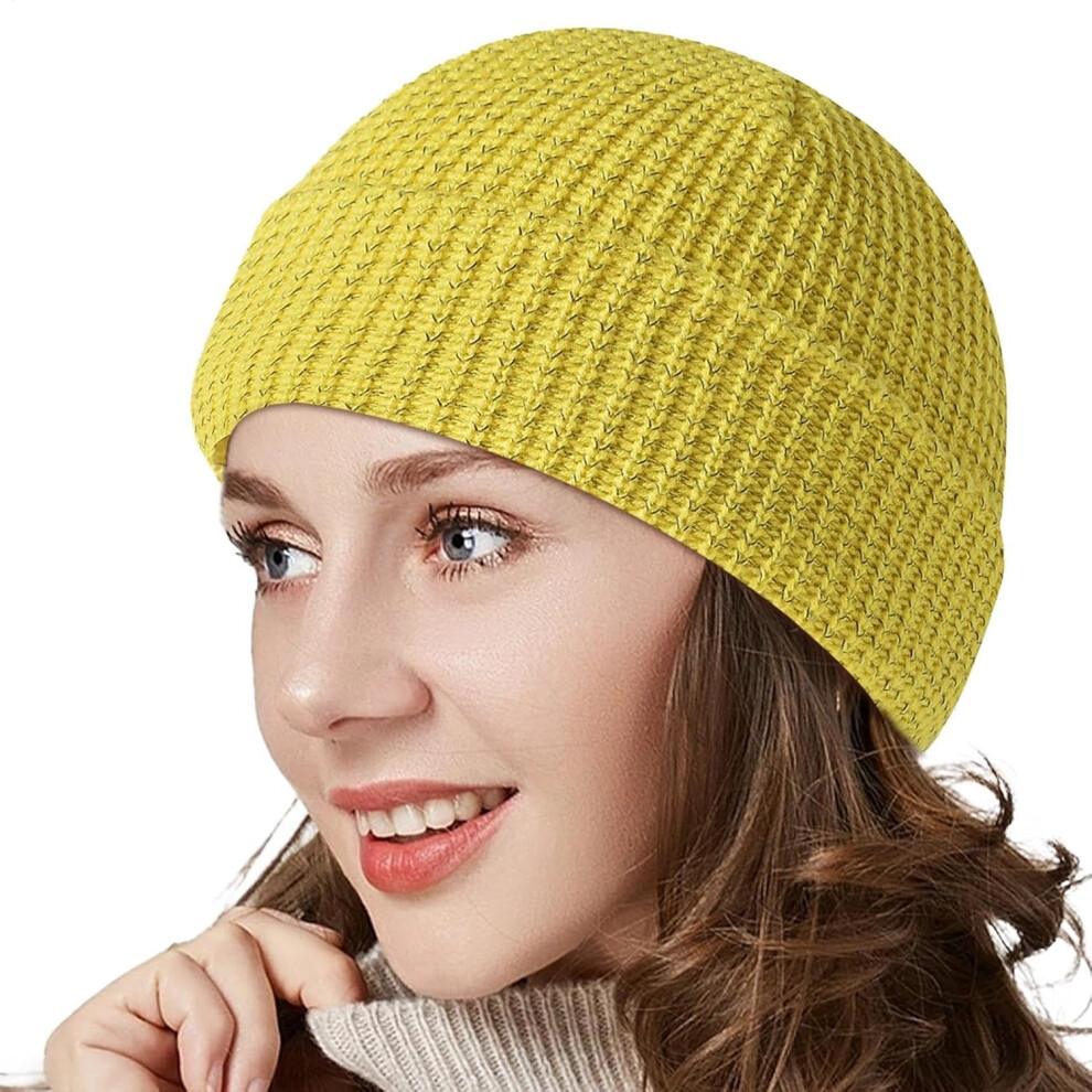 (L, ) Reflective Beanie - Winter Warm Reflective Running Beanie,Winter Warm Knit Hat Caps, Versatile High Visibility Beanie For Cyclists, Runner Yellow