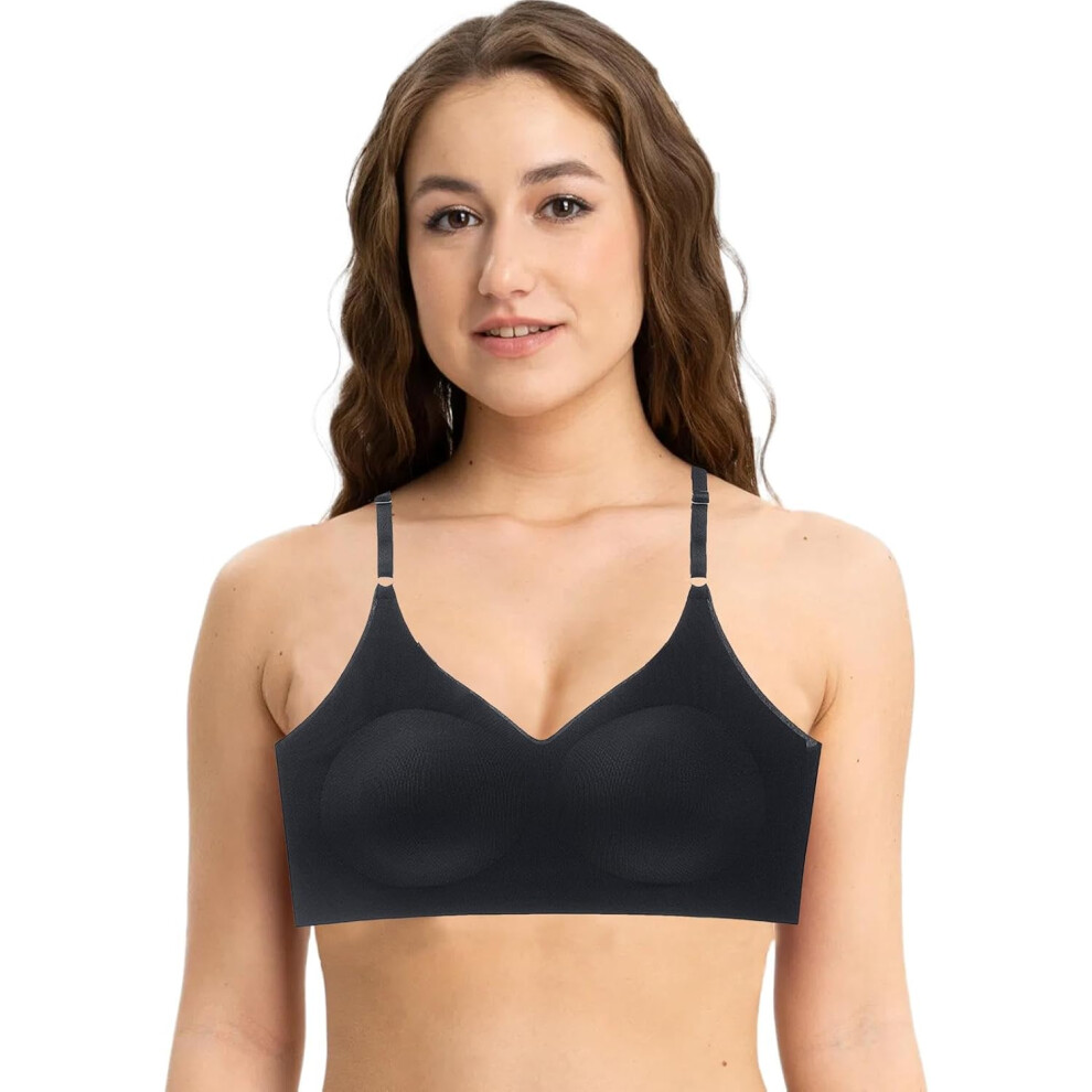 (L, Black) Wireless Bras for Women | Back Support Bras Push-Up Comfort Bra V-Neck Wireless Bra,Breathable Womens Bras, Supportive Non-Slip No Underwire Bras for