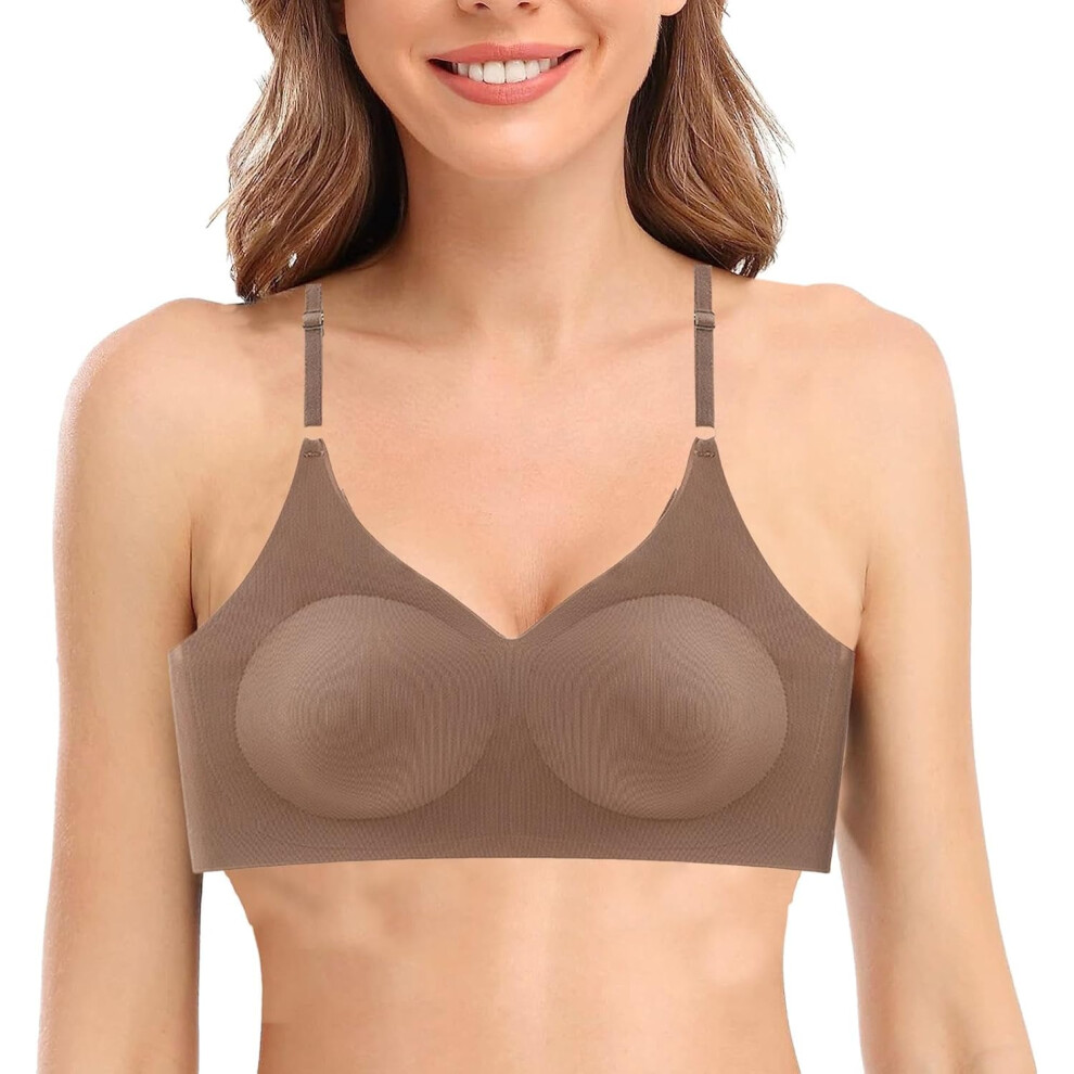 (L, Coffee) Wireless Bras for Women | Back Support Bras Push-Up Comfort Bra V-Neck Wireless Bra,Breathable Womens Bras, Supportive Non-Slip No Underwire Bras for