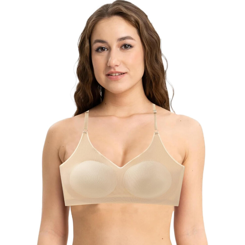 (S, Coffee) Wireless Bras for Women | Back Support Bras Push-Up Comfort Bra V-Neck Wireless Bra,Breathable Womens Bras, Supportive Non-Slip No Underwire Bras for