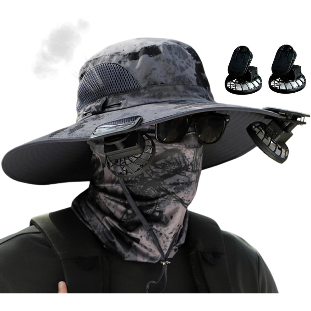 (1-2, dark gray ink) Fishing Hat with Cooling Fans | Wide Brim Hat | Summer Beach Hat, Breathable Hat, Sun Bucket Hat for Outdoor, Camping, Hiking, Travel, Sport