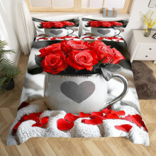 (Red Gray White, Single(No Comforter)) Red Rose Comforter Cover Double for Girls Lovers Women,Vintage Farmhouse Style Duvet Cover Set,Coffee Cup Romantic Love Heart Quilt Cover,Valentine