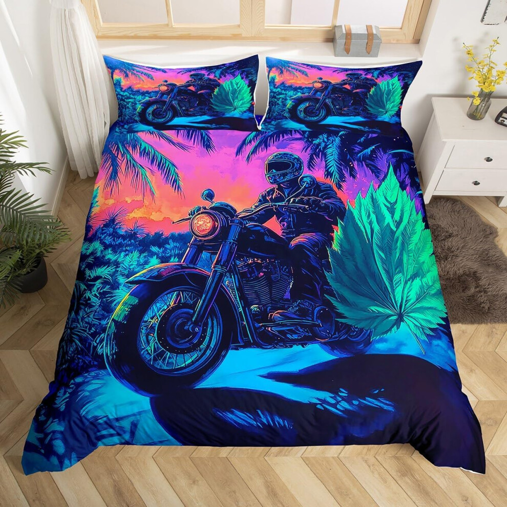 (Green Purple, Double(No Comforter)) Homewish Dirt Bike Double Duvet Cover Boys Kids Motorcycle Biker Comforter Cover Tie Dye Glitter Motocross Rider