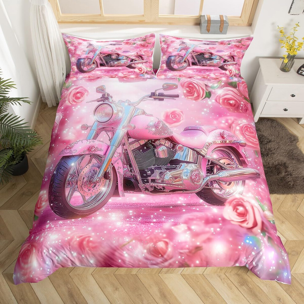 (Pink, Double(No Comforter)) Homewish Dirt Bike Double Duvet Cover Boys Kids Motorcycle Biker Comforter Cover Tie Dye Glitter Motocross Rider Bedding