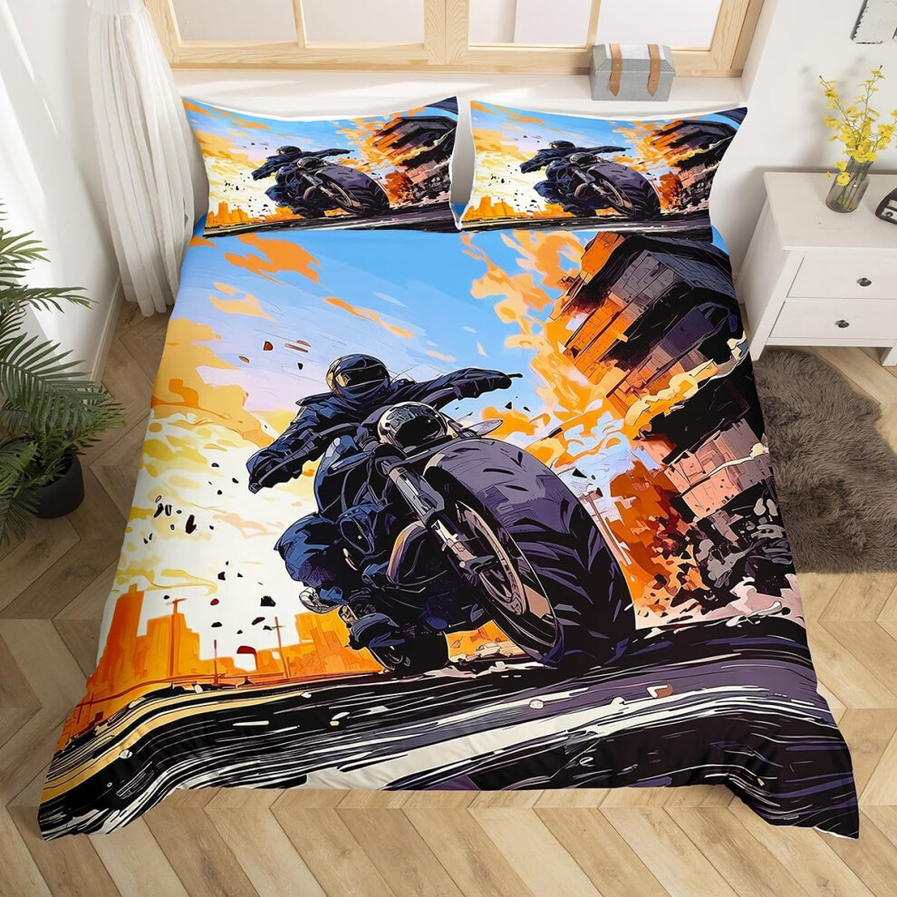 (Orange Black, Double(No Comforter)) Homewish Dirt Bike Double Duvet Cover Boys Kids Motorcycle Biker Comforter Cover Tie Dye Glitter Motocross Rider