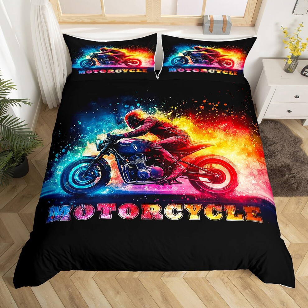 (Yellow Black, Double(No Comforter)) Homewish Dirt Bike Double Duvet Cover Boys Kids Motorcycle Biker Comforter Cover Tie Dye Glitter Motocross Rider