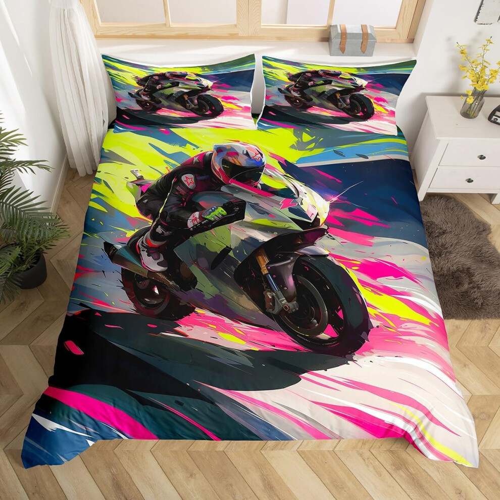(Yellow Pink, King(No Comforter)) Homewish Dirt Bike Double Duvet Cover Boys Kids Motorcycle Biker Comforter Cover Tie Dye Glitter Motocross Rider Bed