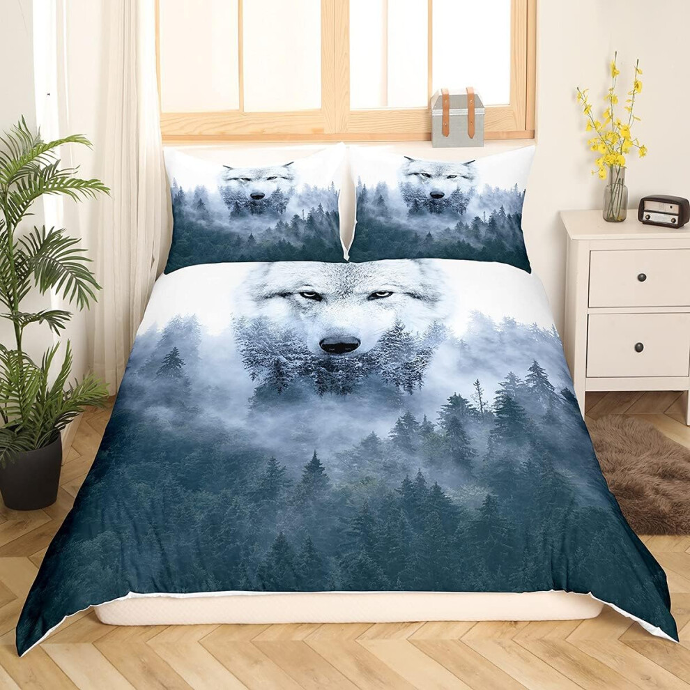 (Multi 25, Single(No Comforter)) Wolf Bedding Set Safari Animals Comforter Cover Misty Mountain Duvet Cover Set For Kids Boys Girls Exotic Wildlife Trippy Woods Nature Quilt Cover Wit
