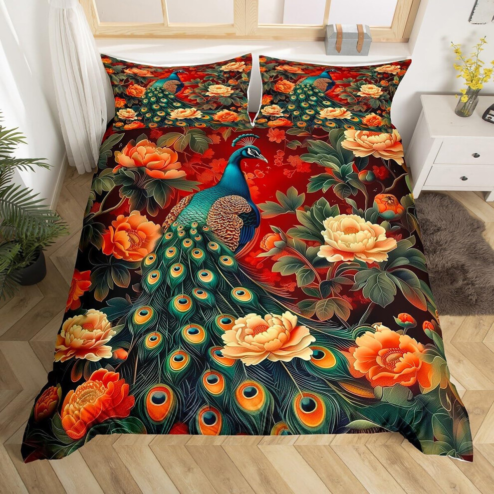 (Teal Red Green, King(No Comforter)) Homewish Peacock Comforter Cover Double Teal Blue Peacock Feather Bedding Set Chic Exotic Floral Animal Duvet Cov