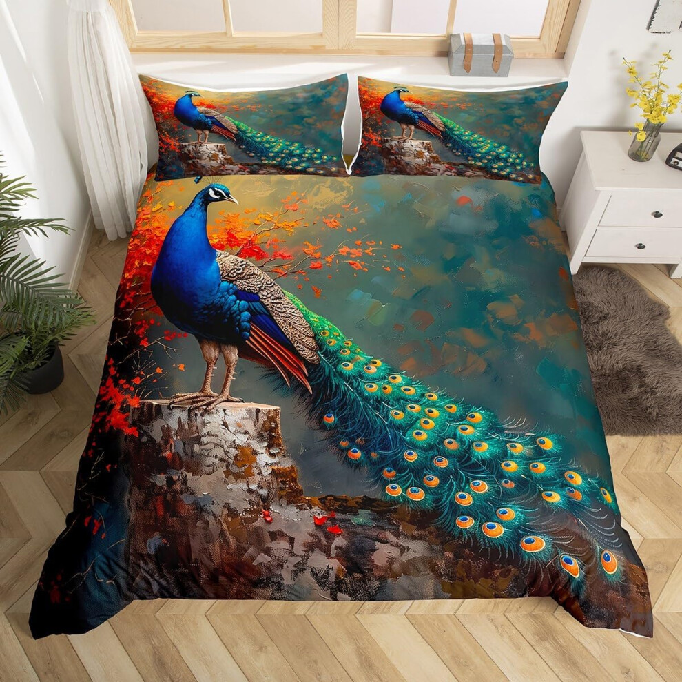 (Teal Red, Super King(No Comforter)) Homewish Peacock Comforter Cover Double Teal Blue Peacock Feather Bedding Set Chic Exotic Floral Animal Duvet Cov