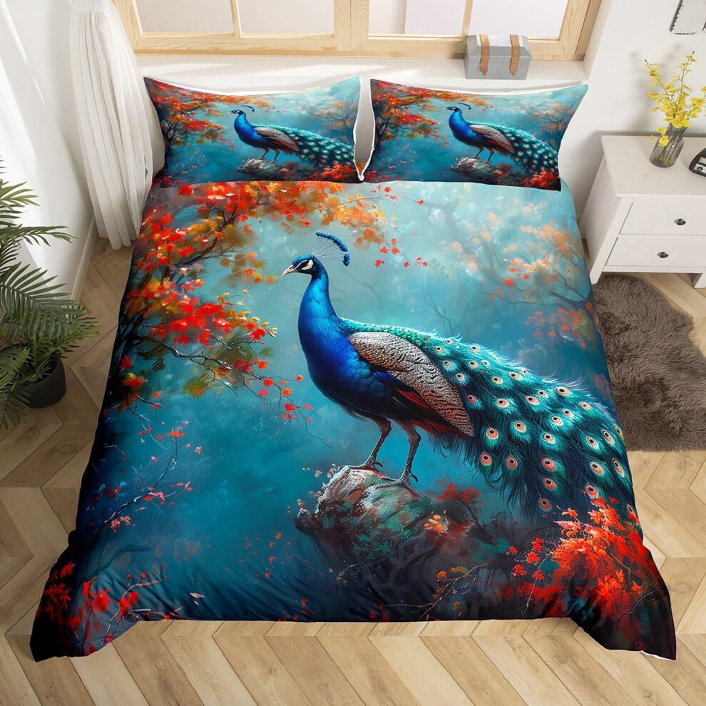 (Teal Blue Red, Super King(No Comforter)) Homewish Peacock Comforter Cover Double Teal Blue Peacock Feather Bedding Set Chic Exotic Floral Animal Duve