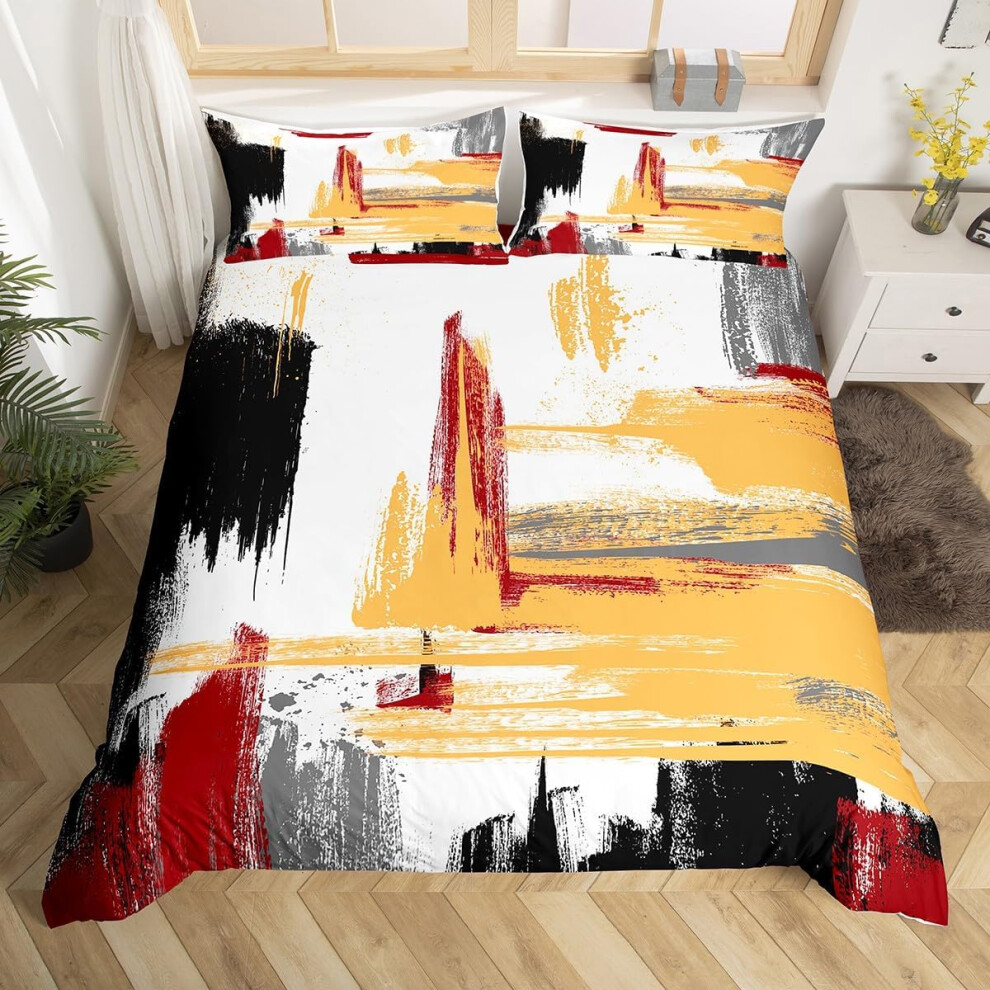 (Light Orange Red, Double(No Comforter)) Homewish Yellow Black Grey Double Bedding Set for Boys Girls Kids,Abstract Oil Painting Duvet Cover,Watercolor Tie Dye Bed Set,Contemporary Graffiti