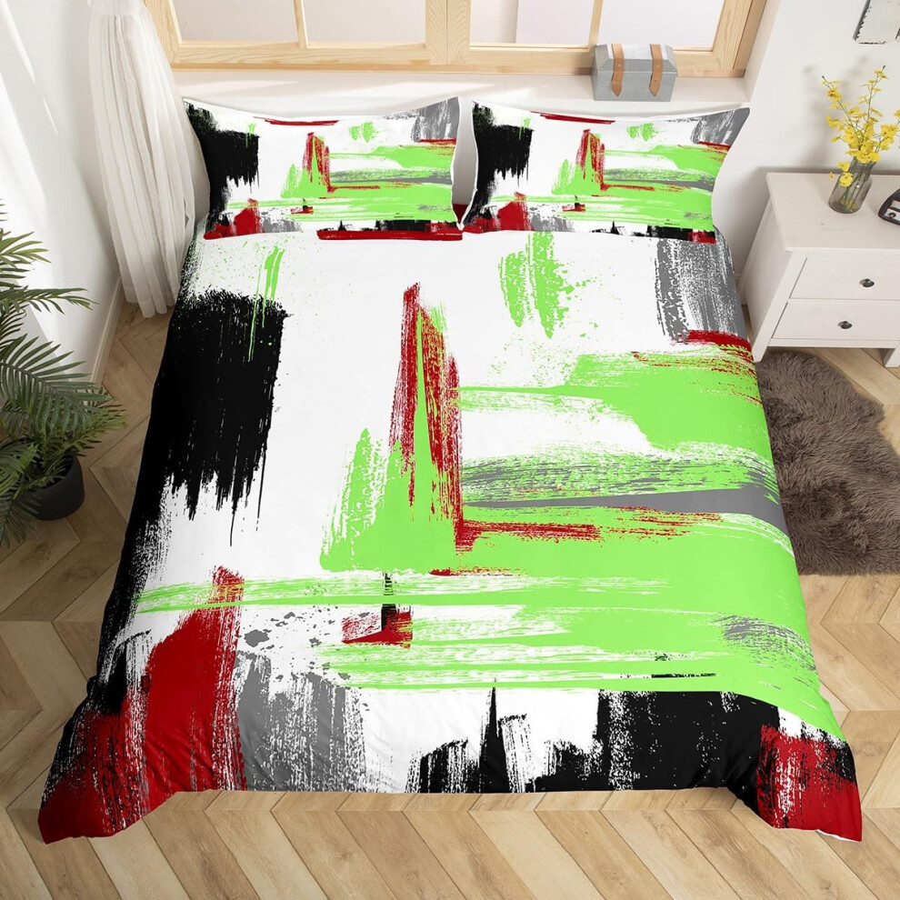 (Green, Double(No Comforter)) Homewish Yellow Black Grey Double Bedding Set for Boys Girls Kids,Abstract Oil Painting Duvet Cover,Watercolor Tie Dye Bed Set,Contemporary Graffiti