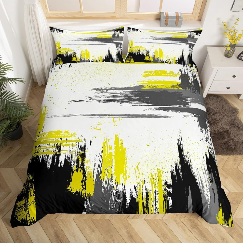 (Yellow, Super King(No Comforter)) Homewish Yellow Black Grey Double Bedding Set for Boys Girls Kids,Abstract Oil Painting Duvet Cover,Watercolor Tie Dye Bed Set,Contemporary Graffiti